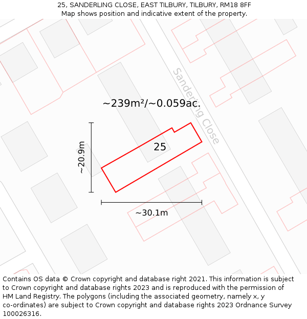 25, SANDERLING CLOSE, EAST TILBURY, TILBURY, RM18 8FF: Plot and title map