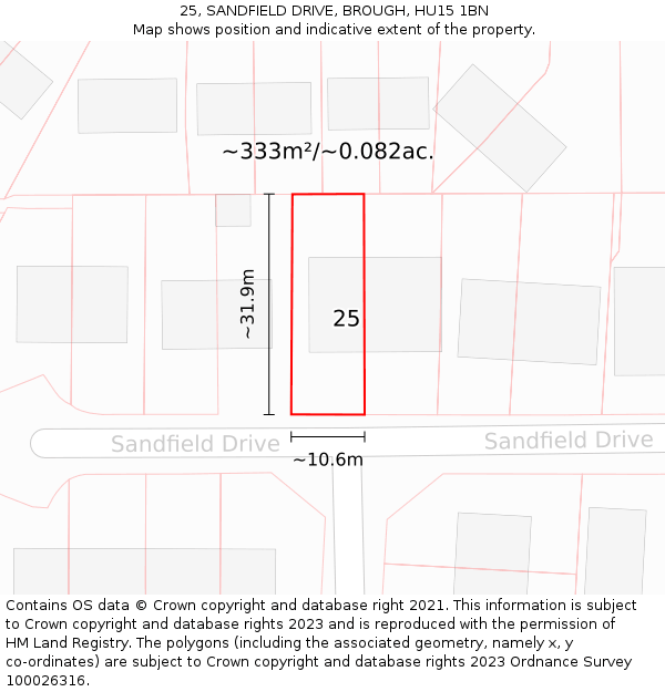 25, SANDFIELD DRIVE, BROUGH, HU15 1BN: Plot and title map