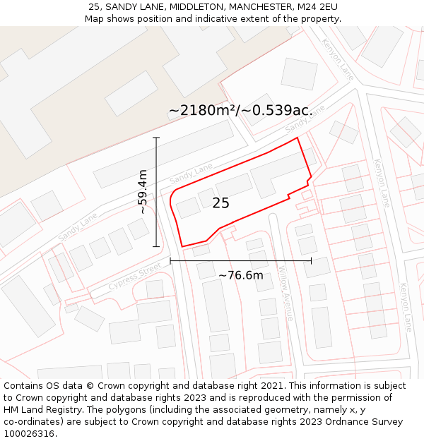 25, SANDY LANE, MIDDLETON, MANCHESTER, M24 2EU: Plot and title map