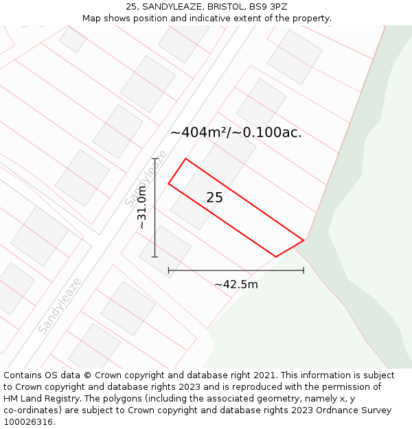 25, SANDYLEAZE, BRISTOL, BS9 3PZ: Plot and title map