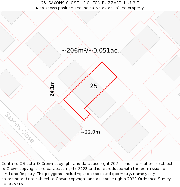 25, SAXONS CLOSE, LEIGHTON BUZZARD, LU7 3LT: Plot and title map