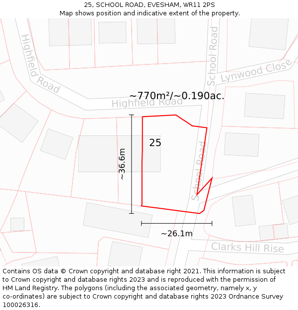 25, SCHOOL ROAD, EVESHAM, WR11 2PS: Plot and title map