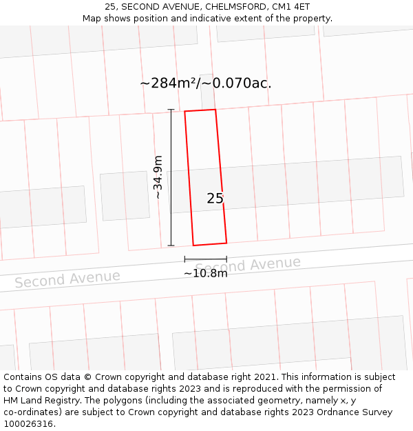 25, SECOND AVENUE, CHELMSFORD, CM1 4ET: Plot and title map