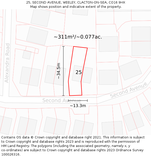 25, SECOND AVENUE, WEELEY, CLACTON-ON-SEA, CO16 9HX: Plot and title map