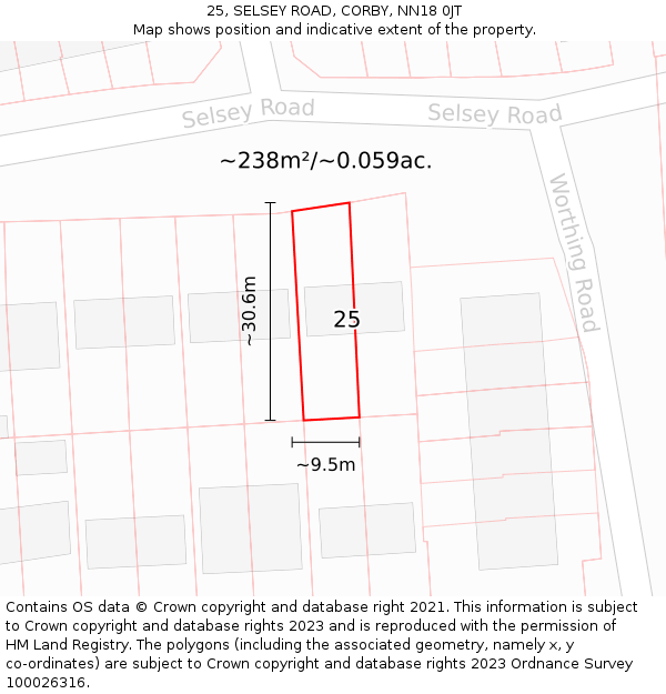 25, SELSEY ROAD, CORBY, NN18 0JT: Plot and title map