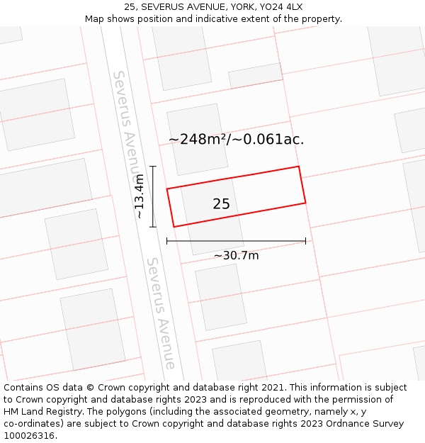25, SEVERUS AVENUE, YORK, YO24 4LX: Plot and title map
