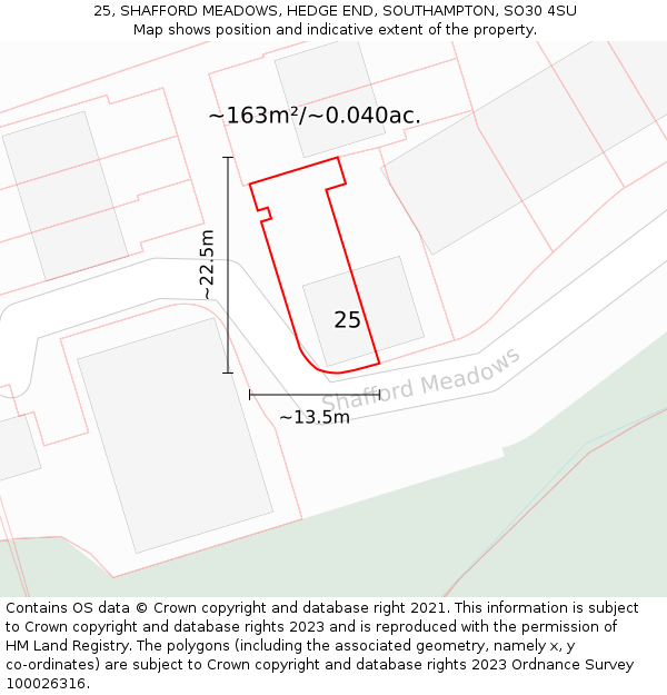 25, SHAFFORD MEADOWS, HEDGE END, SOUTHAMPTON, SO30 4SU: Plot and title map