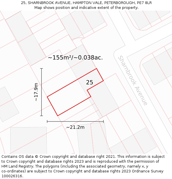 25, SHARNBROOK AVENUE, HAMPTON VALE, PETERBOROUGH, PE7 8LR: Plot and title map