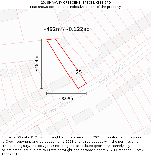 25, SHAWLEY CRESCENT, EPSOM, KT18 5PQ: Plot and title map