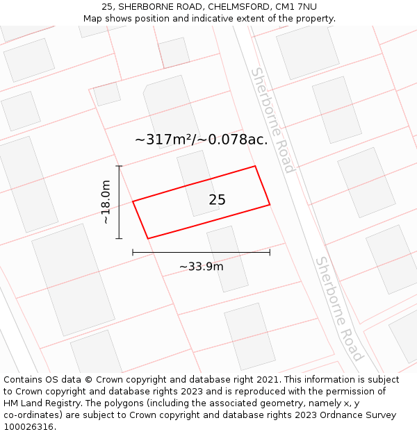 25, SHERBORNE ROAD, CHELMSFORD, CM1 7NU: Plot and title map