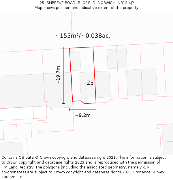 25, SHREEVE ROAD, BLOFIELD, NORWICH, NR13 4JP: Plot and title map