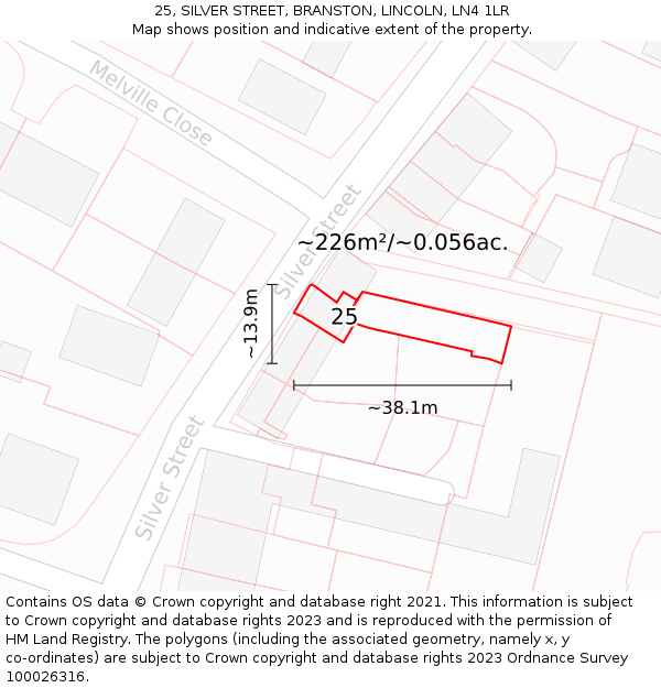 25, SILVER STREET, BRANSTON, LINCOLN, LN4 1LR: Plot and title map