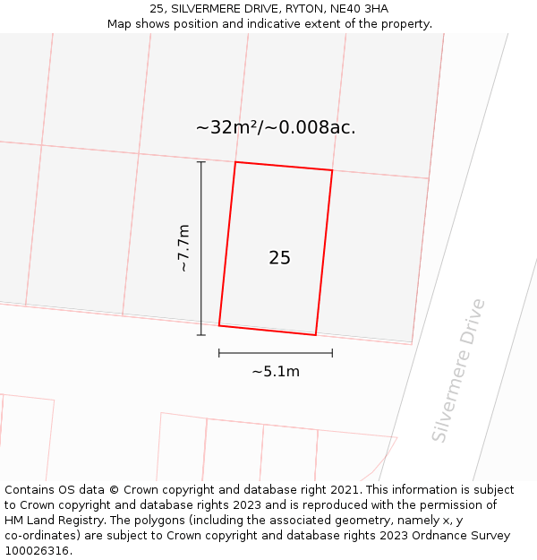 25, SILVERMERE DRIVE, RYTON, NE40 3HA: Plot and title map