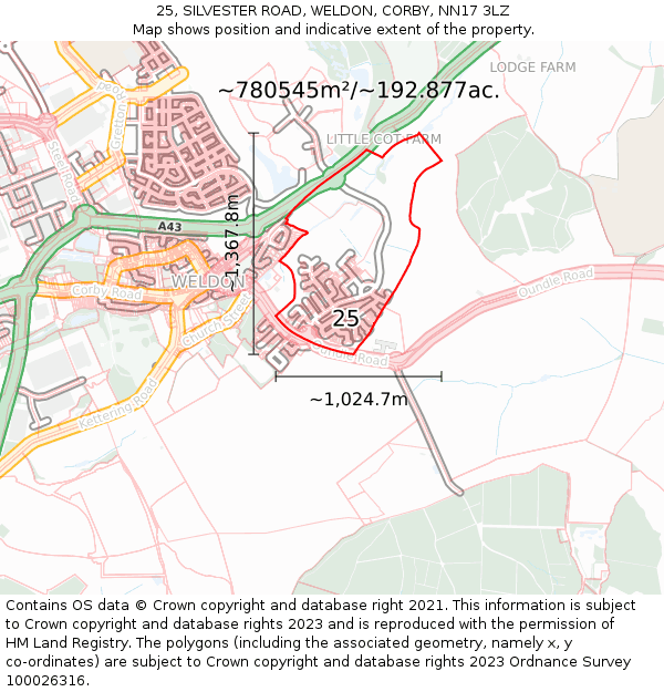 25, SILVESTER ROAD, WELDON, CORBY, NN17 3LZ: Plot and title map