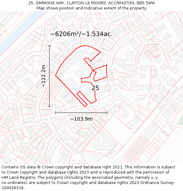 25, SIMMONS WAY, CLAYTON LE MOORS, ACCRINGTON, BB5 5WW: Plot and title map