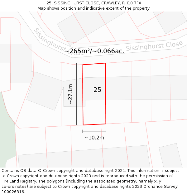 25, SISSINGHURST CLOSE, CRAWLEY, RH10 7FX: Plot and title map