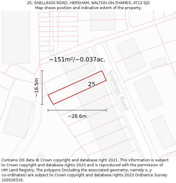 25, SNELLINGS ROAD, HERSHAM, WALTON-ON-THAMES, KT12 5JG: Plot and title map