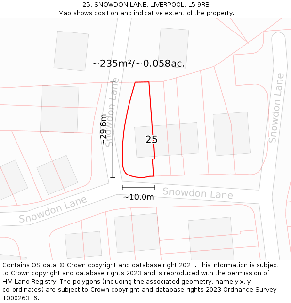 25, SNOWDON LANE, LIVERPOOL, L5 9RB: Plot and title map