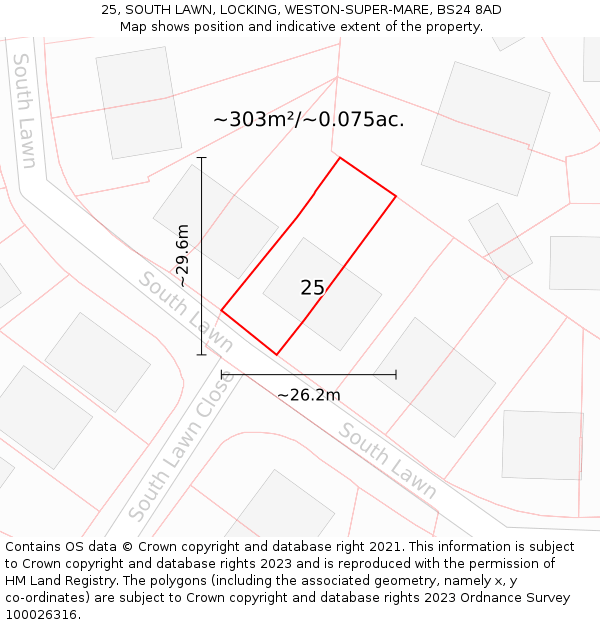 25, SOUTH LAWN, LOCKING, WESTON-SUPER-MARE, BS24 8AD: Plot and title map