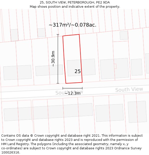 25, SOUTH VIEW, PETERBOROUGH, PE2 9DA: Plot and title map
