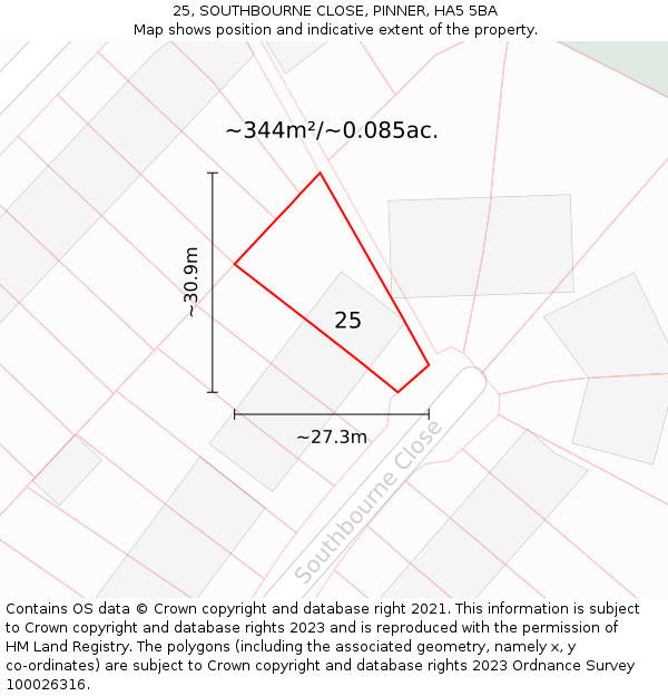 25, SOUTHBOURNE CLOSE, PINNER, HA5 5BA: Plot and title map