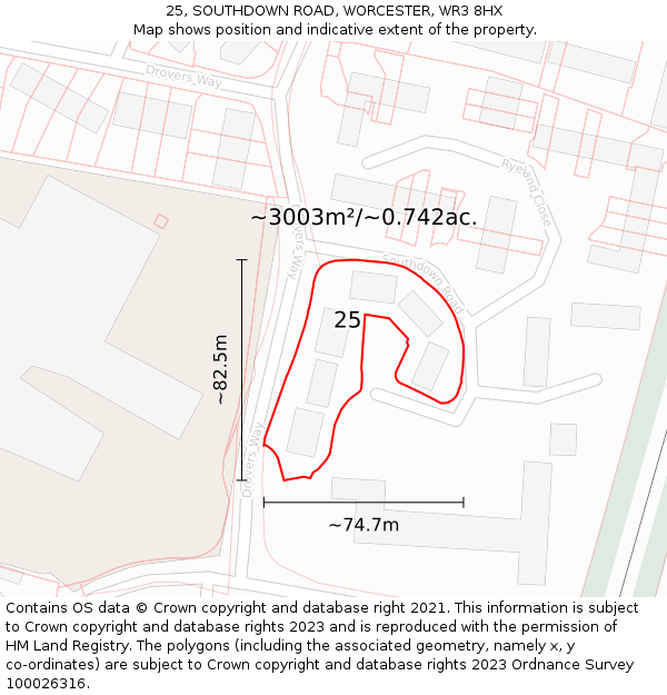 25, SOUTHDOWN ROAD, WORCESTER, WR3 8HX: Plot and title map