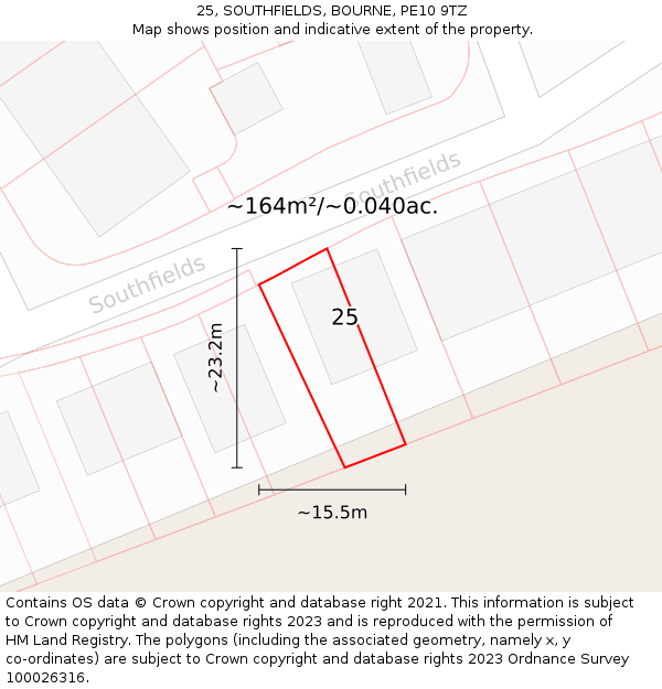 25, SOUTHFIELDS, BOURNE, PE10 9TZ: Plot and title map