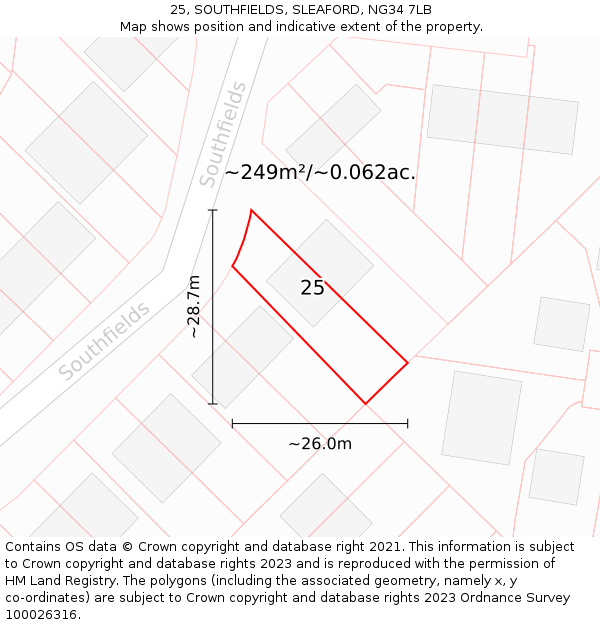 25, SOUTHFIELDS, SLEAFORD, NG34 7LB: Plot and title map
