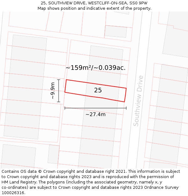 25, SOUTHVIEW DRIVE, WESTCLIFF-ON-SEA, SS0 9PW: Plot and title map