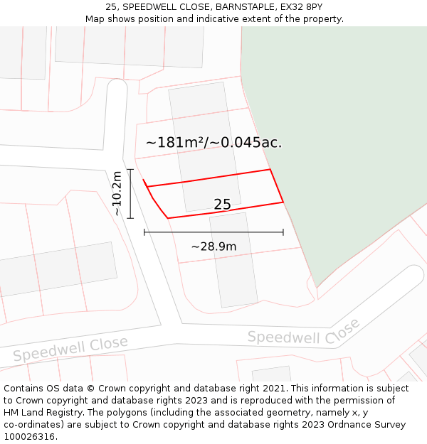 25, SPEEDWELL CLOSE, BARNSTAPLE, EX32 8PY: Plot and title map