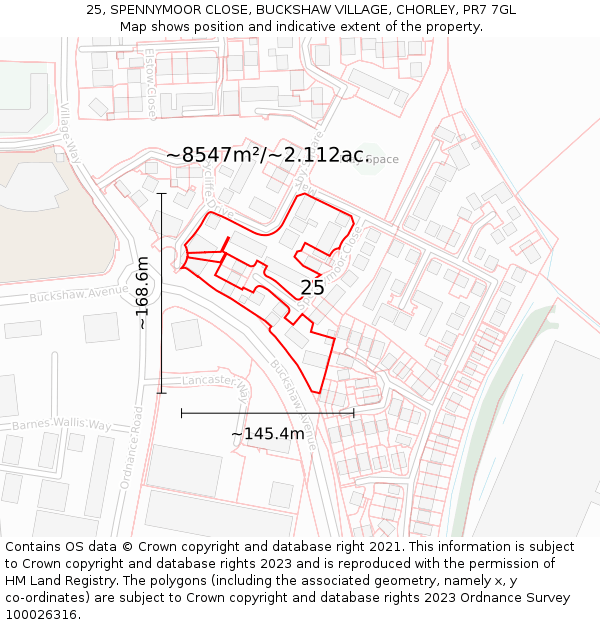 25, SPENNYMOOR CLOSE, BUCKSHAW VILLAGE, CHORLEY, PR7 7GL: Plot and title map