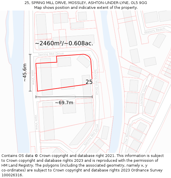 25, SPRING MILL DRIVE, MOSSLEY, ASHTON-UNDER-LYNE, OL5 9GG: Plot and title map