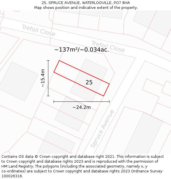 25, SPRUCE AVENUE, WATERLOOVILLE, PO7 8HA: Plot and title map