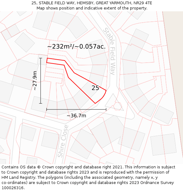 25, STABLE FIELD WAY, HEMSBY, GREAT YARMOUTH, NR29 4TE: Plot and title map