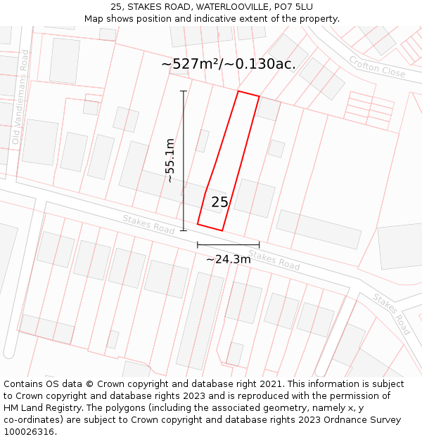 25, STAKES ROAD, WATERLOOVILLE, PO7 5LU: Plot and title map