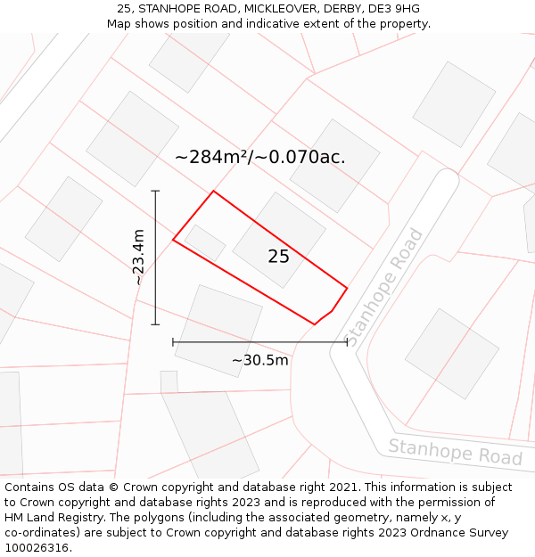 25, STANHOPE ROAD, MICKLEOVER, DERBY, DE3 9HG: Plot and title map