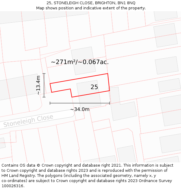 25, STONELEIGH CLOSE, BRIGHTON, BN1 8NQ: Plot and title map