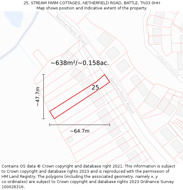 25, STREAM FARM COTTAGES, NETHERFIELD ROAD, BATTLE, TN33 0HH: Plot and title map
