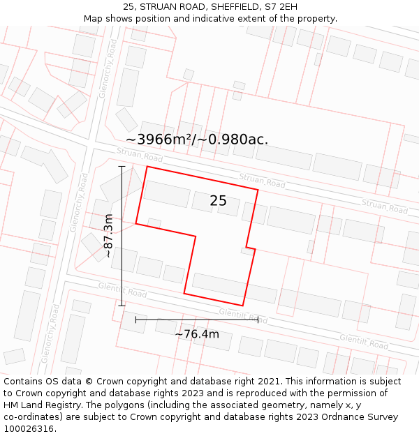25, STRUAN ROAD, SHEFFIELD, S7 2EH: Plot and title map
