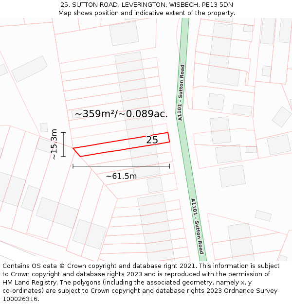 25, SUTTON ROAD, LEVERINGTON, WISBECH, PE13 5DN: Plot and title map