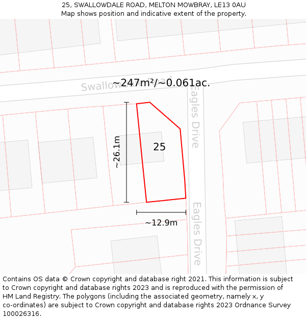25, SWALLOWDALE ROAD, MELTON MOWBRAY, LE13 0AU: Plot and title map