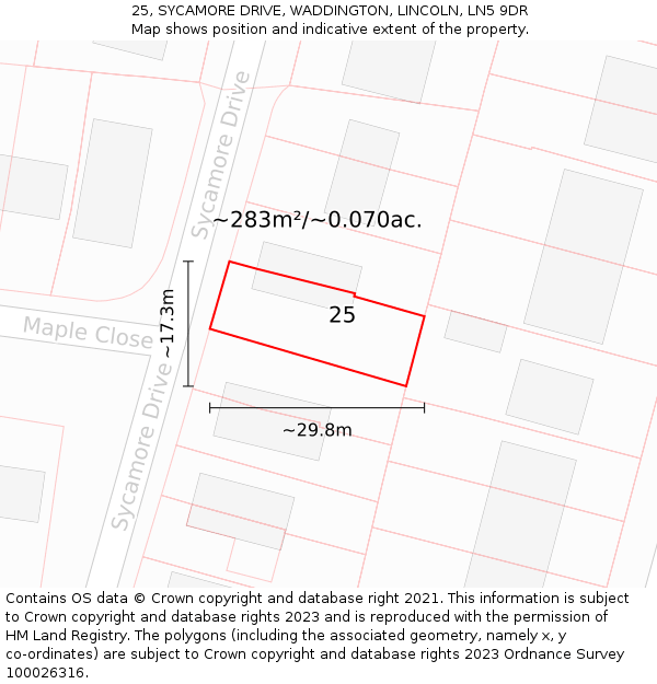 25, SYCAMORE DRIVE, WADDINGTON, LINCOLN, LN5 9DR: Plot and title map