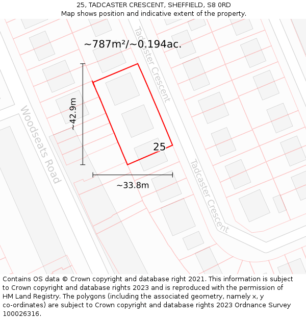 25, TADCASTER CRESCENT, SHEFFIELD, S8 0RD: Plot and title map