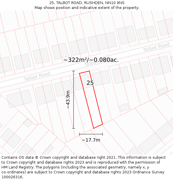 25, TALBOT ROAD, RUSHDEN, NN10 9NS: Plot and title map