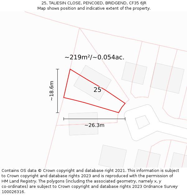 25, TALIESIN CLOSE, PENCOED, BRIDGEND, CF35 6JR: Plot and title map