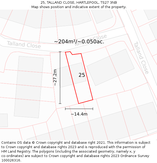 25, TALLAND CLOSE, HARTLEPOOL, TS27 3NB: Plot and title map