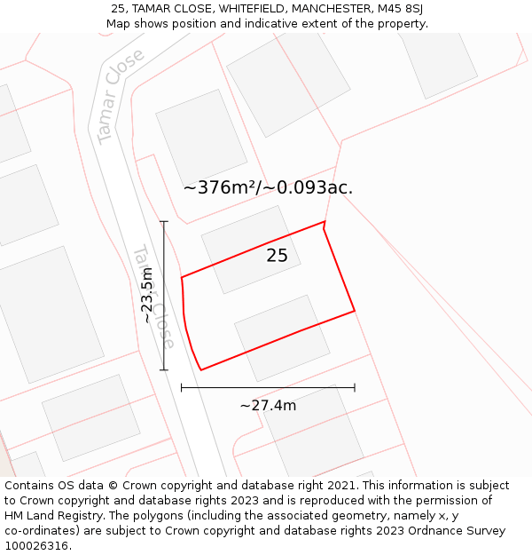 25, TAMAR CLOSE, WHITEFIELD, MANCHESTER, M45 8SJ: Plot and title map