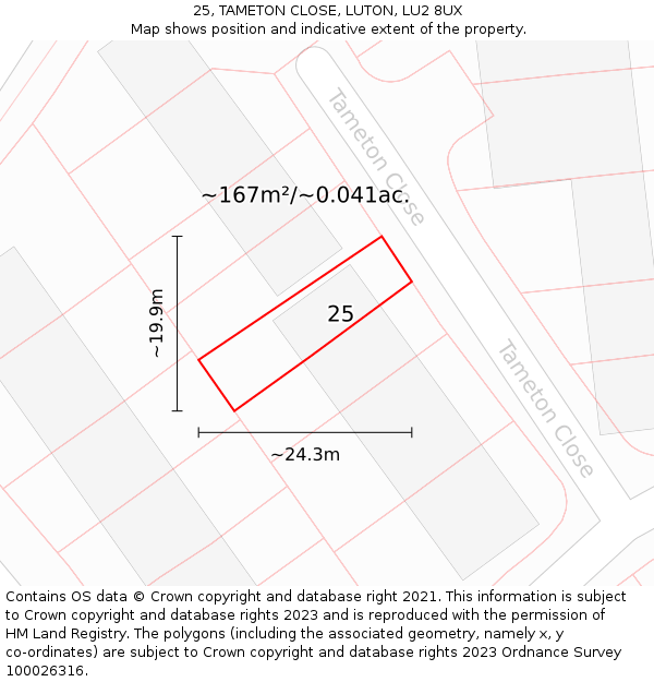 25, TAMETON CLOSE, LUTON, LU2 8UX: Plot and title map