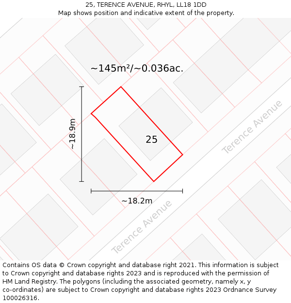 25, TERENCE AVENUE, RHYL, LL18 1DD: Plot and title map