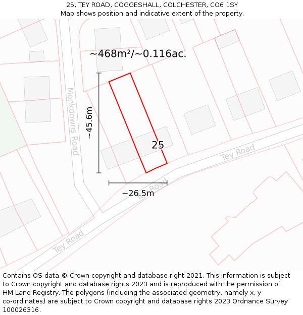 25, TEY ROAD, COGGESHALL, COLCHESTER, CO6 1SY: Plot and title map